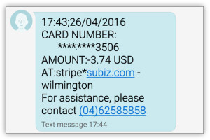 Tin nhắn SMS xác nhận khi thực hiện thanh toán qua cổng Stripe