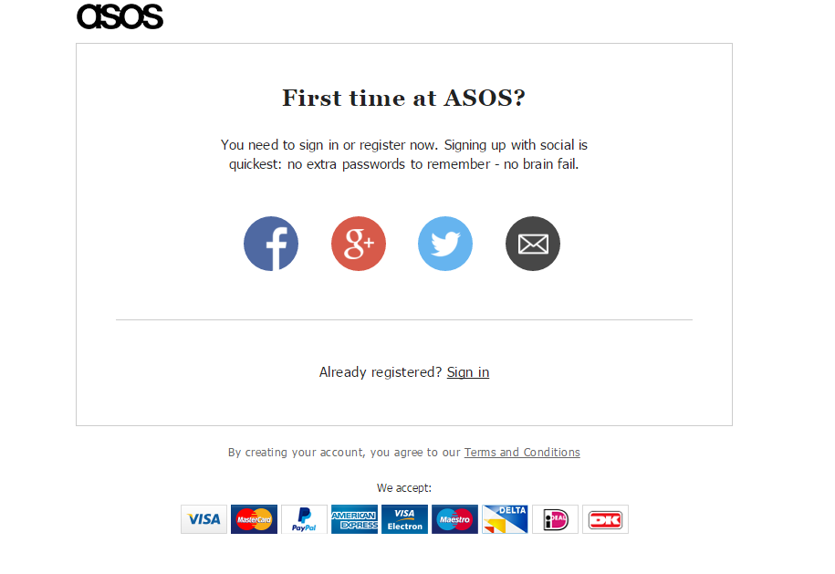 ASOS cho phép người dùng đăng nhập bằng tài khoản mạng xã hội rất tiện lợi
