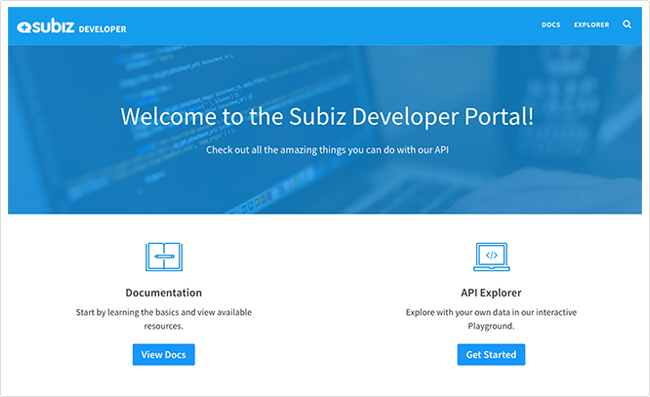 Màn hình trang chủ trang tài liệu Subiz API https://developer.subiz.com