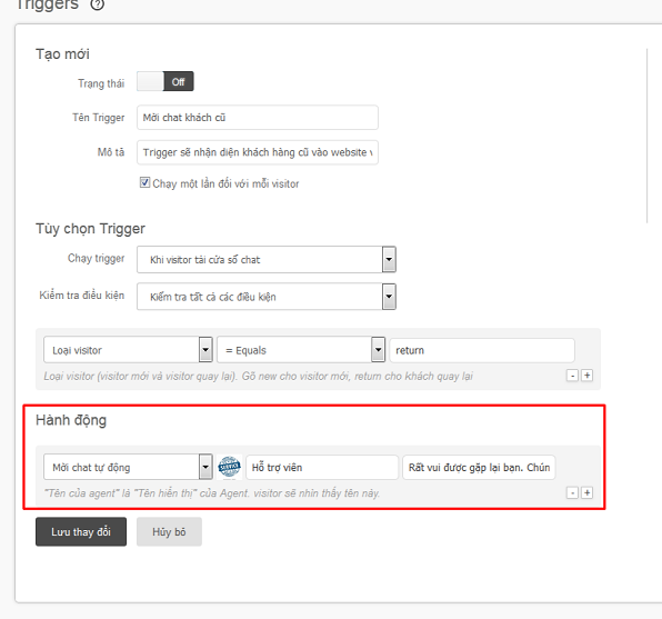 Trigger mời chat Subiz trong tự động hóa dịch vụ khách hàng