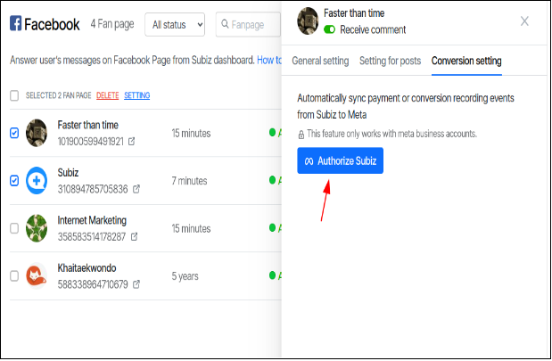 Đồng bộ Fanpage lên Subiz