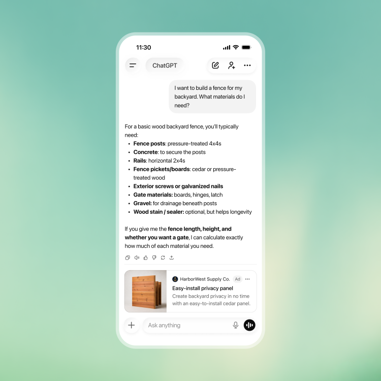 Vị trí hiển thị ChatGPT Ads (Nguồn: OpenAI)