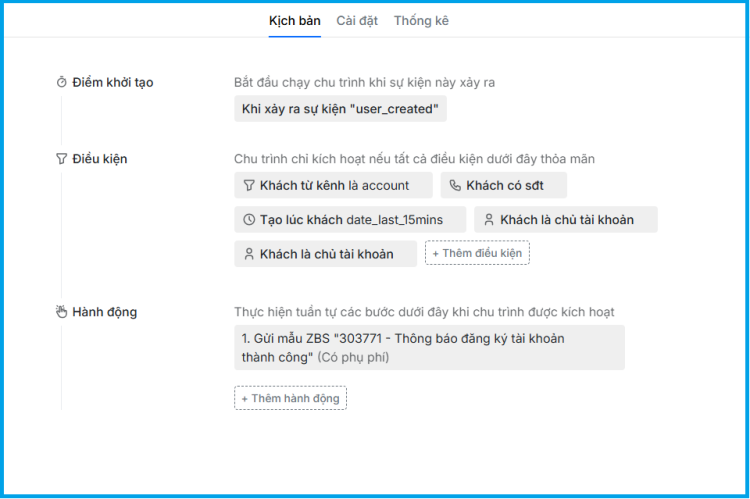 Mẫu chu trình Subiz tự động gửi tin ZBS sau khi khách hàng đăng ký tài khoản thành công