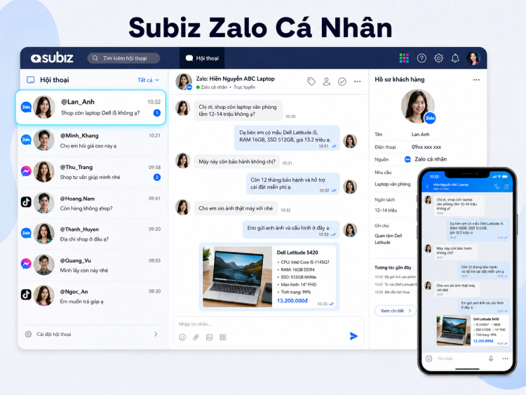 Minh họa giao diện chat Zalo cá nhân trên Subiz