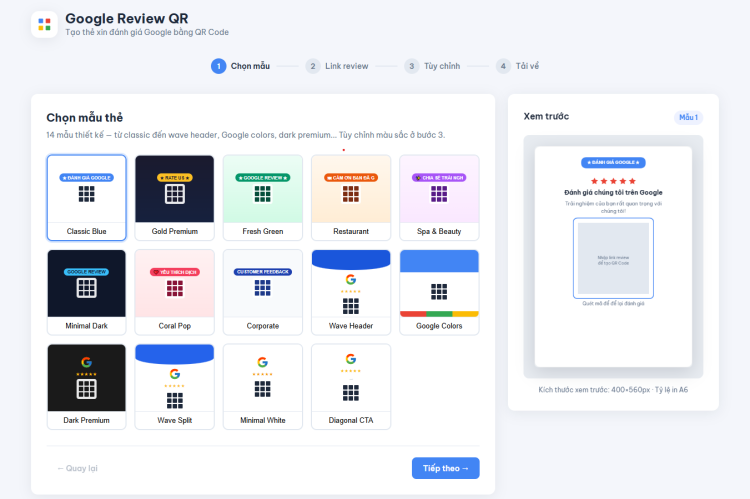 Chọn mẫu thẻ đánh giá Google trên Subiz
