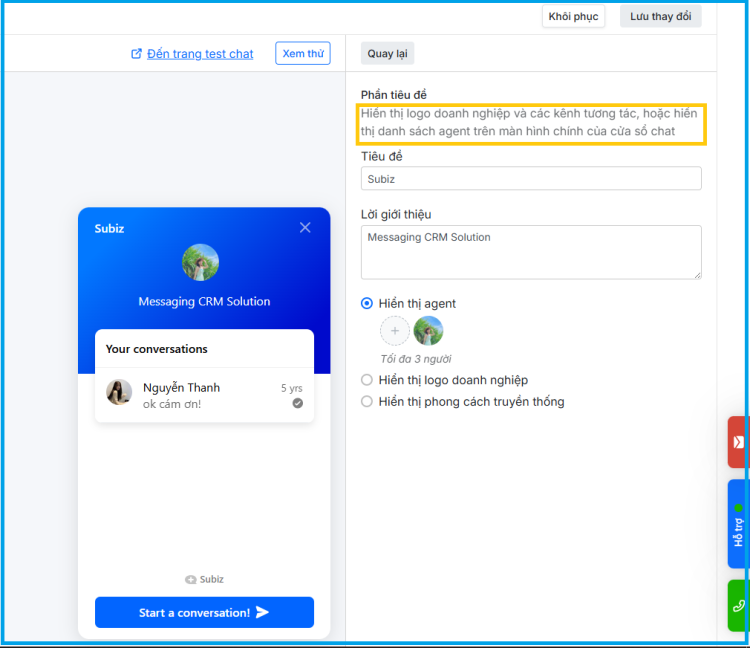 Minh họa Subiz hướng dẫn cài đặt cửa sổ chat