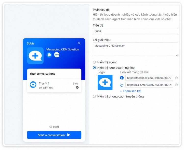 Thêm nút Zalo, Messenger lên cửa sổ chat Subiz