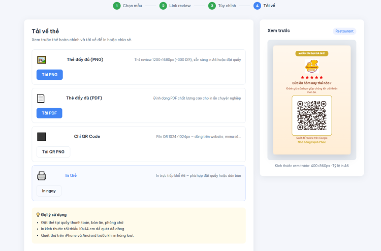 Các tùy chọn tải hoặc in thẻ Google Review QR