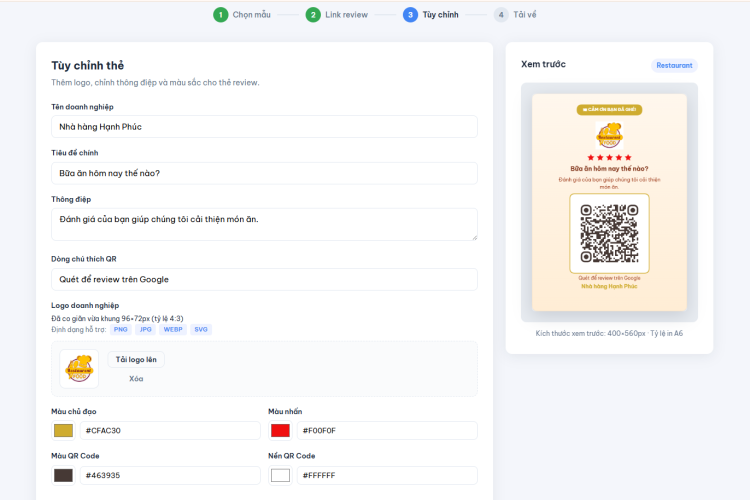 Tùy chỉnh thiết kế thẻ Google Review QR