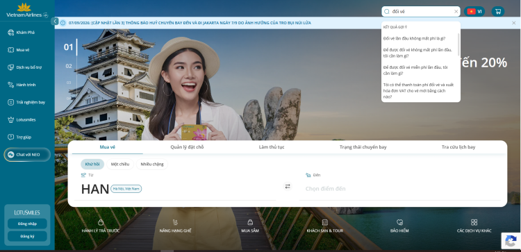 Hình ảnh thanh tìm kiếm trên website Vietnam Airline